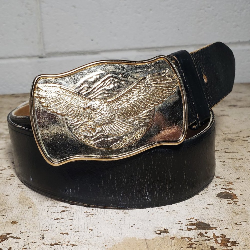 Men’s 36-37 ~ Black Faux Leather Belt ~ American Eagle Gold Tone Buckle